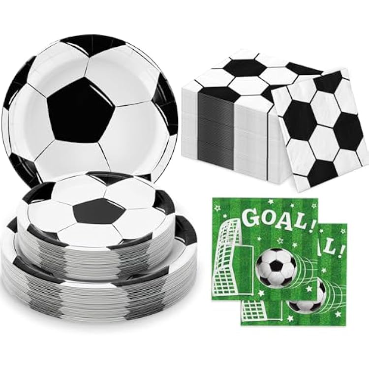 150 PCS Soccer Plates and Napkins, Soccer Party Supplies Disposable Paper Plates and Napkins Tableware Set for Boys Sports Soccer Birthday Party Decorations, Serves 50