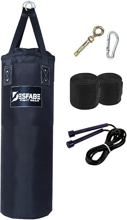 Polydes 80x25 Cm Kolonlu Boks Kum Torbası Siyah+Askı Aparatı+El Sargı Bandajı+Atlama İpi