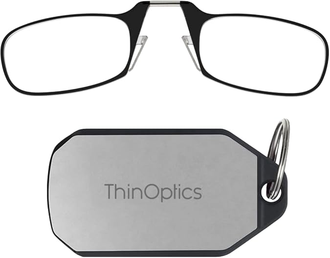 ThinOptics unisex adult On-nose Readers + Case, Portable & Convenient Readers for Men Women, Thin Durable Easily Attaches to Keychain Backpack Golf Bag Black Frames Silver Case 2 0x, Black, 44 mm US