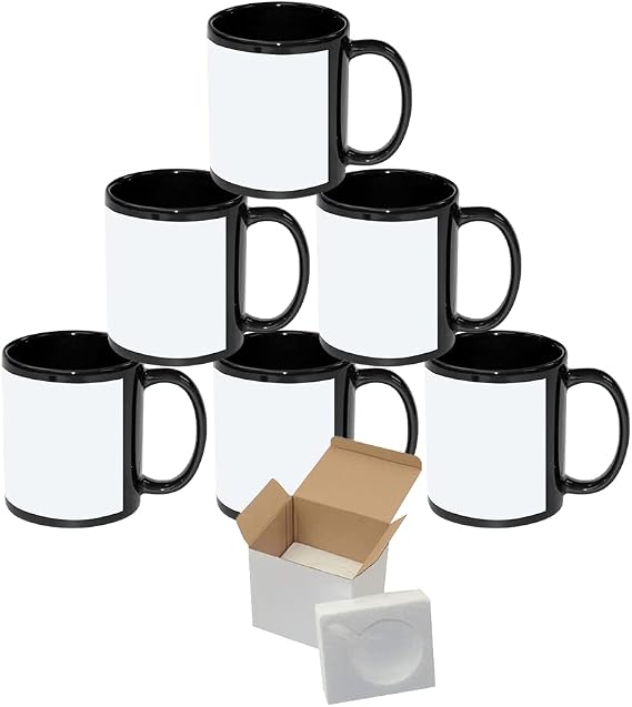 MR.R 11oz Set of 6 Sublimation Blanks Black Full Color Ceramic Coffee Mug with White Patch for heat transfer printing