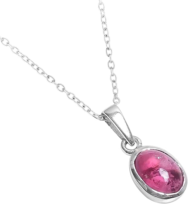 GemkoraTM Natural Pink Tourmaline Cabochon Gemstone Crystals Ethnic Tiny Dainty Bezel Pendant Necklace, Healing Gemstones, Birthstone, Silver Plated Jewelry 18 inch, Pendants for Women
