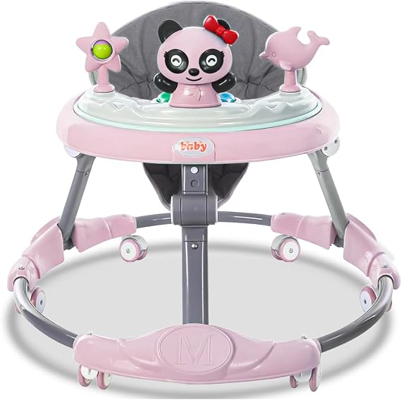 Multifunctional Foldable Baby Walker with 6 Adjustable Heights, Activity Center, Portable Music, Toys, Food Tray & Silent Wheels - Baby Walker for Boys & Girls 6 Months + Easy Fold (Pink)