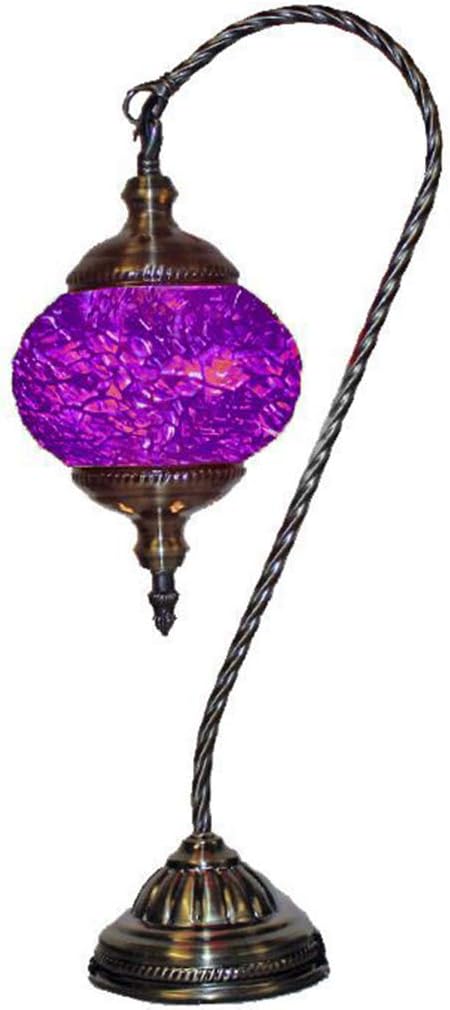 SILVERFEVER Mosaic Turkish Lamp Moroccan Glass Swan Neck Lantern for Table Desk Bedside Bronze Base Bundle with E12 Light Bulb (Deep Purple Shades)