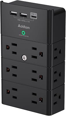 Multi Plug Outlet - Addtam Surge Protector Wall Mount with 12 Outlet Extender- 3 Sides and 3 USB Ports 1 USB-C, Outlet Splitter Power Strip for Home, Office, Hotel, Black