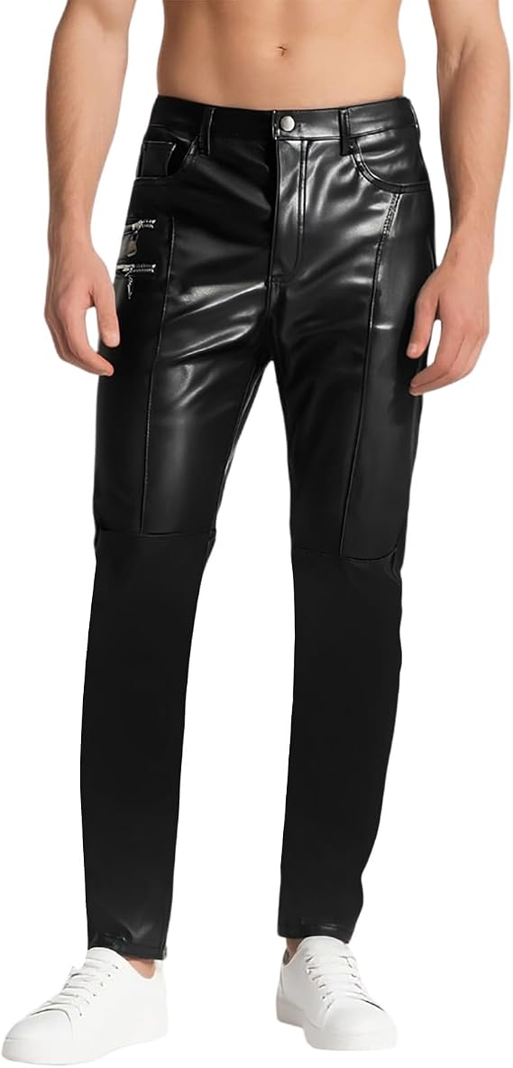 Men's Faux Leather Trousers Slim Fit Stretch Elastic Pencil Pants Wet Look Straight Leg Trousers for Motocycle Biker Dance Disco Bar Nightclub Stage Show Cosplay