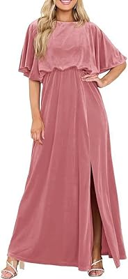 Womens Maxi Party Dresses Side Slit Long Sleeve Empire Waist Belted Elegant Satin Prom Dress