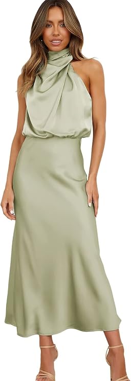 ebossy Women's Elegant Pile Collar Sleeveless Satin Celebrity Evening Party Maxi Dress (M, Light Green)