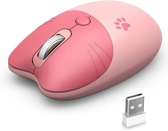 Wireless Compact Silent Mouse with Cute Cat Designs, 2.4GHz Plug and Play Wireless Opatical Mouse with USB Nano Receiver for Laptop/PC/Computer (Pink Cat)