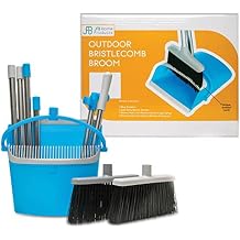 JFB Home Products BristleComb Outdoor Broom & Dustpan Set Upright, 49" Long Adjustable Broom, Long Handle, Self-Cleaning Comb & 2 Interchangeable Heads of Different Stiffness - Medium and Coarse