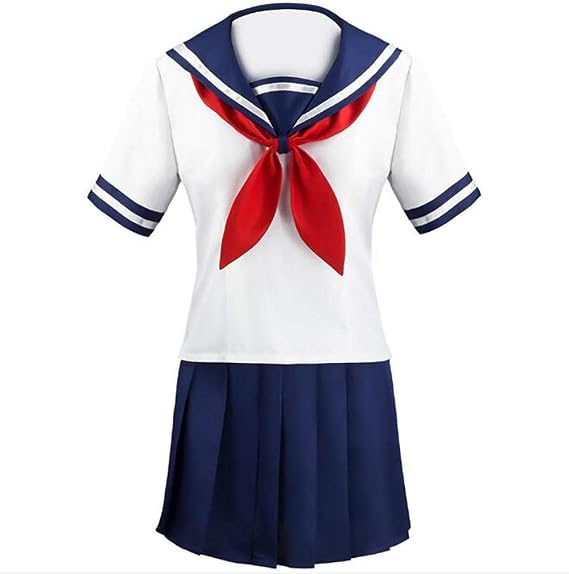 Japanese Sailor Uniform Cosplay Costume, White Top Red Scarf Blue Pleated Skirt Set Women