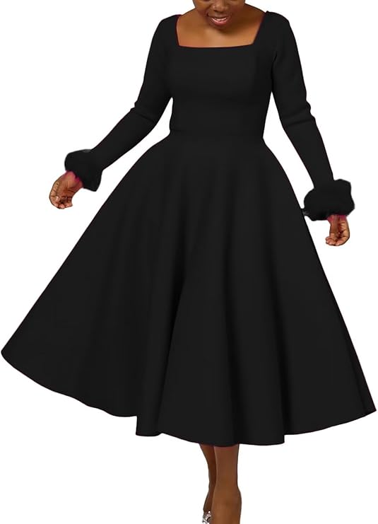 Women's Elegant Bell Sleeve Cocktail Party Dresses for Church Midi Evening Dress
