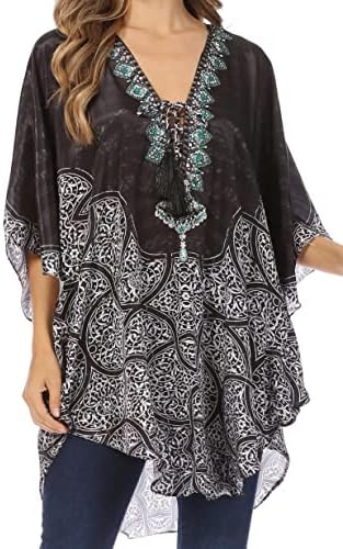 Sakkas Tallulah Wide Circle Blouse V Neck Top with Tassle Ties and Rhinestones