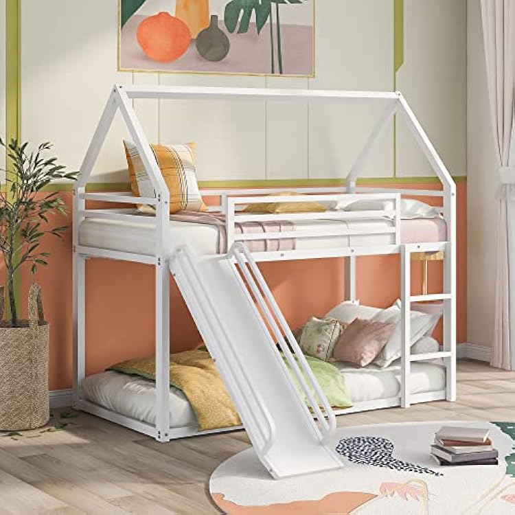 Merax Heavy Metal House Low Bunk Bed with Slide & Ladder Twin Over Twin, Montessori Floor Bunk Bed Frame with Full-Length Guardrail, No Box Spring Needed, Noise Free White