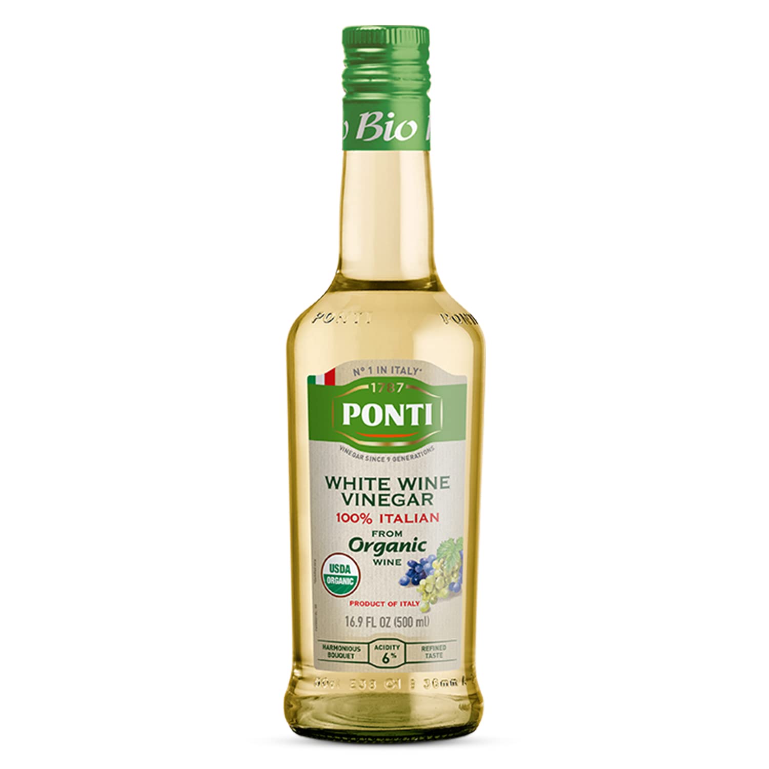 1787 PONTI Organic 100% Italian White Wine Vinegar - Perfected Acidity Levels for Best Harmonic Aroma and Taste - Delicious with All types of Salads and Vegetables - Excellent for Marinades - 16.9 Fl.Oz