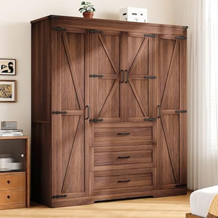 4 Door Armoire Wardrobe Closet Cabinet with 3 Drawers and Drawers, Farmhouse Bedroom Armoire with Hanging Rod and Adjustable Shelves, Large Capacity Storage Wardrobe Armoire for Bedroom, Brown