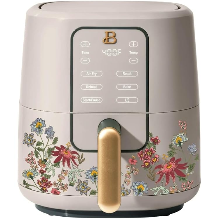 Beautiful 3 Qt Digital Air Fryer with TurboCrisp Technology, Floral Design, Ceramic Nonstick Coating, Touch Control Panel, Wildflower Porcini Taupe