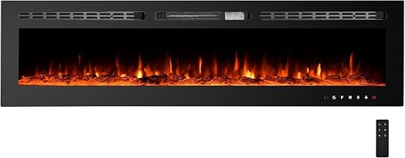Electric Fireplace, 50 Inch Fireplace Heater Recessed and Wall Mounted, Linear Fireplace with Multicolor Flame, 750/1500W Control by WiFi and Remote, Fireplace Heater with Log and Crystal