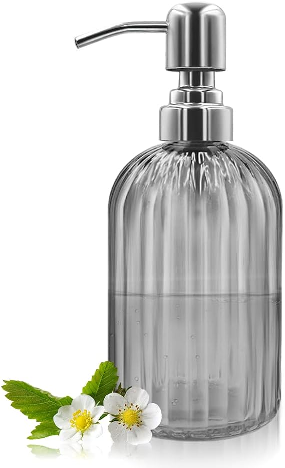14 Oz Glass Soap Dispenser with 304 Rust Proof Stainless Steel Pump, Refillable Hand Liquid Soap Dispenser for Bathroom, Kitchen， Countertop, Laundry Room (Dark Grey)