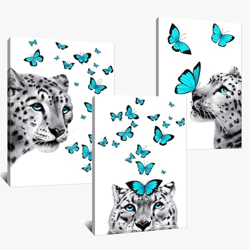 Kalormore Abstract Animal Canvas Wall Art Decor Blue Eyes Black and White Leopard Playing with Butterflies Funny Wildlife Picture Framed Artwork for Modern Living Room Home Office Bedroom
