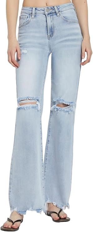 Risen Women's High Rise Distressed Wide Leg Jeans