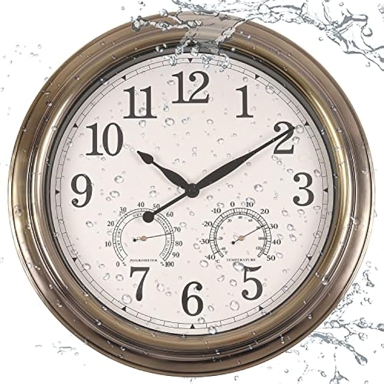 16 Inch Outdoor Clock Thermometer Combo, Bronze Metal-Frame Outdoor Clocks Waterproof, Silent Outdoor Wall Clock for Patio Pool