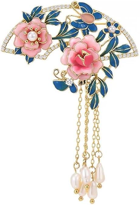Antique style silk flower peony flower brooch, retro temperament, step shaking tassel chest flower cheongsam Hanfu brooch accessory