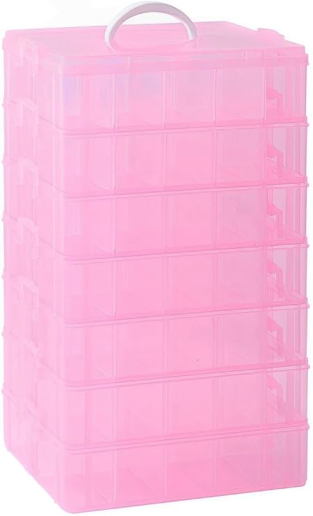 Gagee 7-Tier Craft Organizers and Storage,Bead Organizer Box with 70 Adjustable Compartments,Stackable Storage Containers for Arts and Crafts, Toy, Threads,Fuse Beads, Washi Tapes,Pink