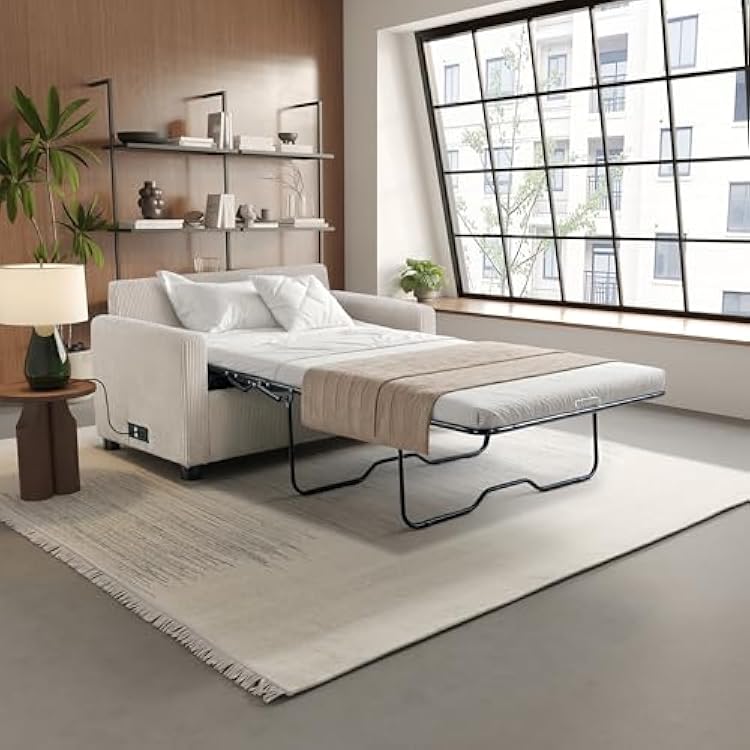 Serta Darnold 53.5 Pull-Out Sleeper Loveseat, Twin Size, Dreamcoil Comfort, Memory Foam Pull-Out Mattress, USB-C and USB-A Power Ports, Soft Corduroy Fabric, Beige