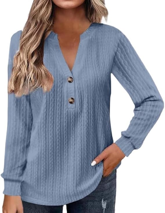 V Neck Button Down Shirts for Women Loose Long Sleeve Cable Knit Pullover Blouses Solid Color Henley Shirt Tops