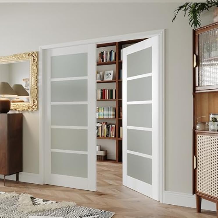 72 x 80 French Interior Door, 5 Lite Tempered Frosted Glass Panel for Pantry & Bedroom, Double Pre-drilled Holes Slab Doors, White Primed, Assembly Required Hinges Not Included