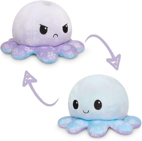 TeeTurtle - The Original Reversible Octopus Plushie - Happy + Angry Snowflakes - Cute Sensory Fidget Stuffed Animals That Show Your Mood - 4 inch, 1 count