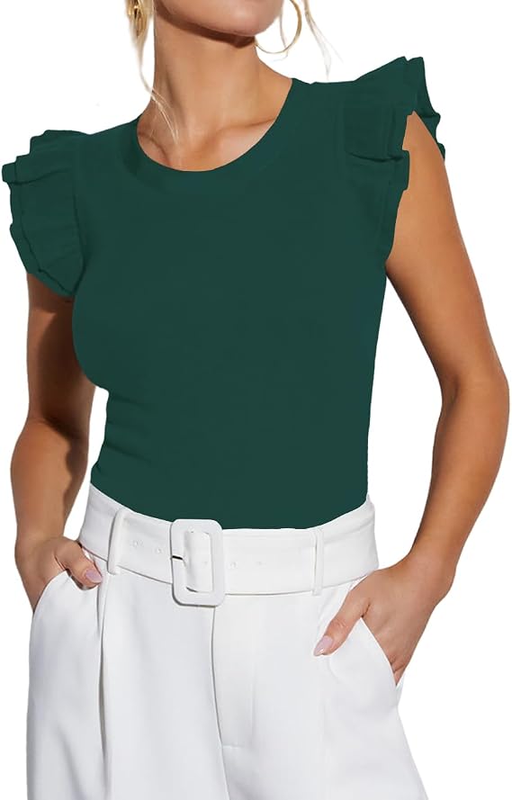 Ezbelle Women's Summer Tank Tops Ruffle Shirts Ribbed Knit Sleeveless Blouse Sexy Tshirt Trendy Outfits
