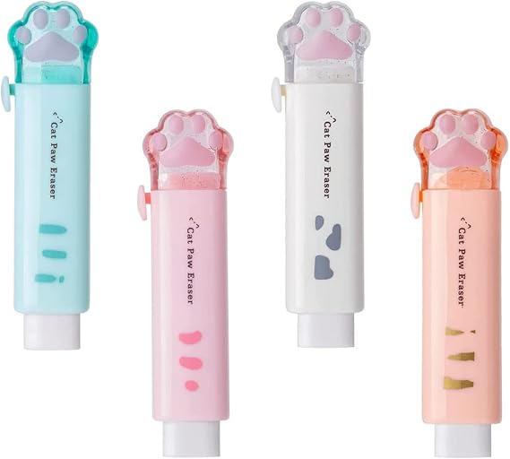 4 Pcs Cute Cat Paw Erasers, Retractable Rubber Push-Pull Erasers for Writing & Drawing (Pink, Blue, White, Orange)
