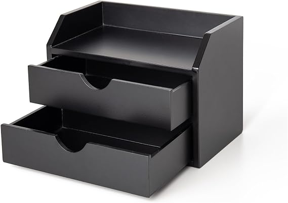 ROSE BLOOM Black Wood Desk Organizer with 2 Drawer, Mini Cute Cabinet with Storage Shelf for Tabletop, Small Desktop Box Organizer for Cosmetic Office Supplies