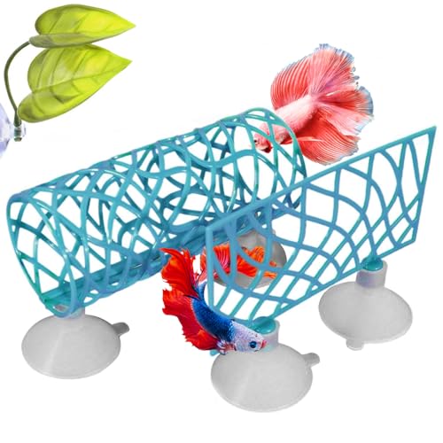 Betta Fish Tunnel Tube & Hammock with Leaf Pad, Blue, Aquarium Decor Ornament, Wall Hanging, Small Fish & Shrimp Habitat