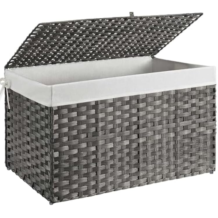 GREENSTELL Storage Basket with Lid, 42.3 Gallon160L Lagre Wicker Blanket Storage Basket with Handles, Foldable, 2 Removable Liner Bags, Metal Frame, for Bedroom, Laundry Room, Grey,3018.118.1