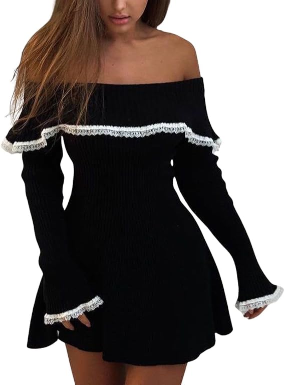 chouyatou Women's Off the Shoulder Bell Long Sleeve Sweater Mini Dress Lace Trim Bodycon Ribbed Knit Sweater Dress