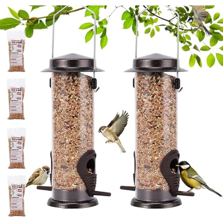 Bird Feeders with 4 Packs Birds Food Outdoors Hanging,Wild Bird Feeder with Hanger Hook Weather Resistant 9 Inches 2 PortBird Food is Included