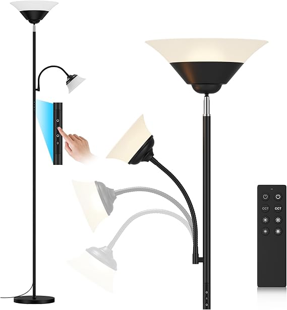 Upgraded 2-in-1 Torchiere Floor Lamp, Dimmable Standing Lamp with Remote&Button Control, 34W Brightness Adjustable Floor Reading Light, Black Modern Corner Lamp for Living Room Bedroom Office [Energy Class F]