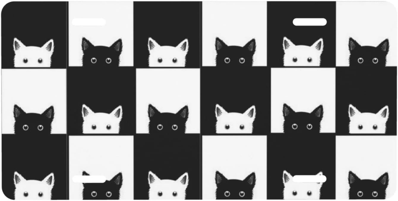 Black White Cat License Plate Decorative Front License Plate Metal Aluminum Car Front Tag Novelty License Plates Covers for Car Truck SUV 6x12 Inch 4 Holes