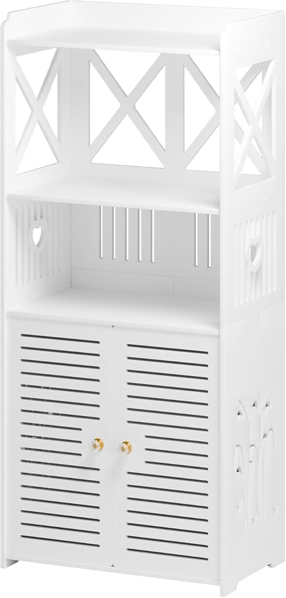 Freestanding Bathroom Cabinet with Storage Shelves and 2 Doors, Organizer for Living Room, Kitchen, Bathroom, White