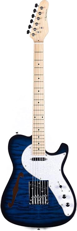 TL Semi-Hollow Body Electric Guitar Quilted Maple Veneer Full-Size Basswood Tele Style Guitar Single F-Hole with Maple neck,Quality Gear Tuners (Blue)