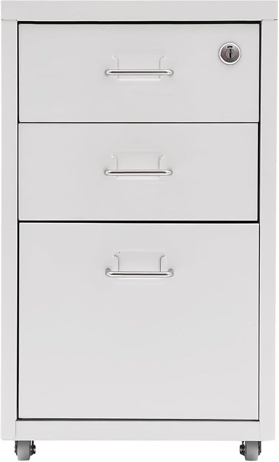 File Cabinet, 3 Drawer File Cabinet with Storage on Wheels, Metal Mobile File Cabinet with Lock, Filing Cabinet fits A4, Legal Paper and Letter Paper for Home Office, White, 11" x 16" x 18.3"