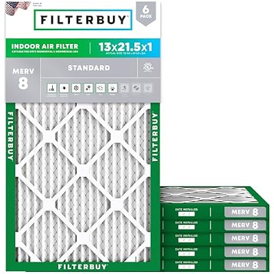 Filterbuy 13x21.5x1 Air Filter MERV 8 Essential Dust & Allergy Defense 6-Pack, Electrostatic Pleated HVAC AC Furnace Filters Replacement, Made in USA Actual Size: 12.88 x 21.50 x 0.75