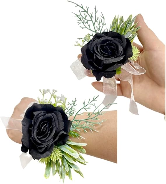 Black Rose Flower Corsage and Boutonniere Set 2, Realistic Silk Flower | Handmade Fake Rose with Elastic Band,Wedding Accessories for Bride,Bridal Shower Gifts,Prom,Homecoming,Bridesmaid Decor