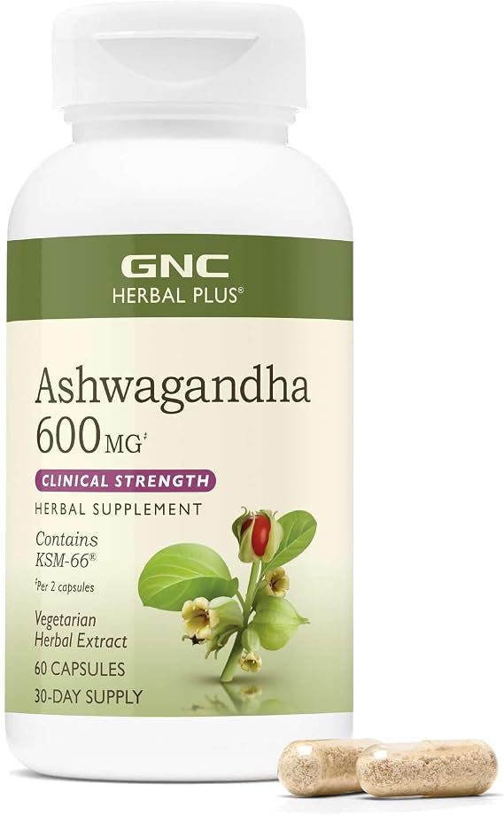 GNC Herbal Plus Ashwagandha 600mg Supplement, Clinical Strength, Vegetarian, Stress Relief Support, 30 Servings