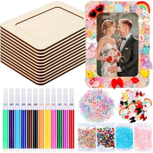 JMUQ 12Pack Wooden Picture Frames 4 x 6 Picture Frame Painting Craft Kit, DIY Crafts Wooden Frame with 12 Watercolor Pencils Pearl Resin for DIY Painting Wedding Crafts