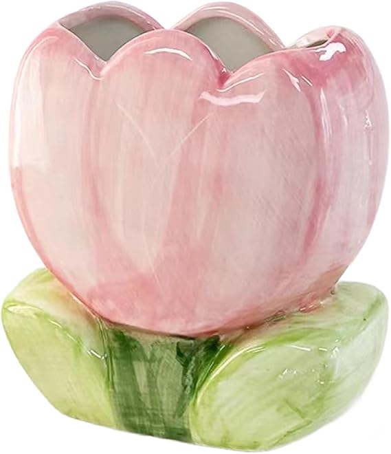 Ceramic Pen Holder For Desk, Cute Flower Modeling Stand Pencil Cup Pot Desk Organizer Makeup Brush Holder for Girls Women (Pink Tulip)