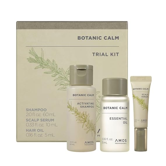 AMOS PROFESSIONAL Botanic Calm Activating Shampoo 2.0 fl.oz + Scalp Serum 0.33 fl.oz + Essential Oil 0.16 fl.oz Mini Kit l Vegan Scalp & Hair Strengthening with Rosemary and Biotin, Sulfate Free