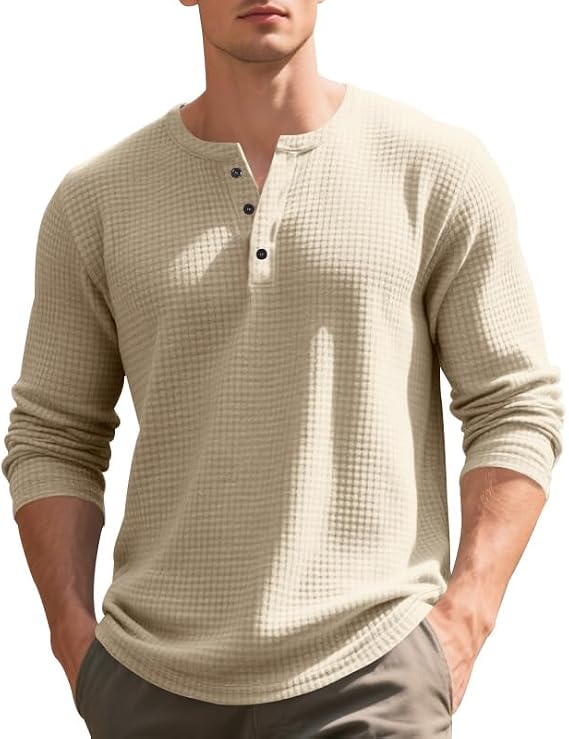 Men's Spring/Autumn Trendy Henry Shirt Solid Color V Neck Button Down Waffle Long Sleeve Top Basic Pullover